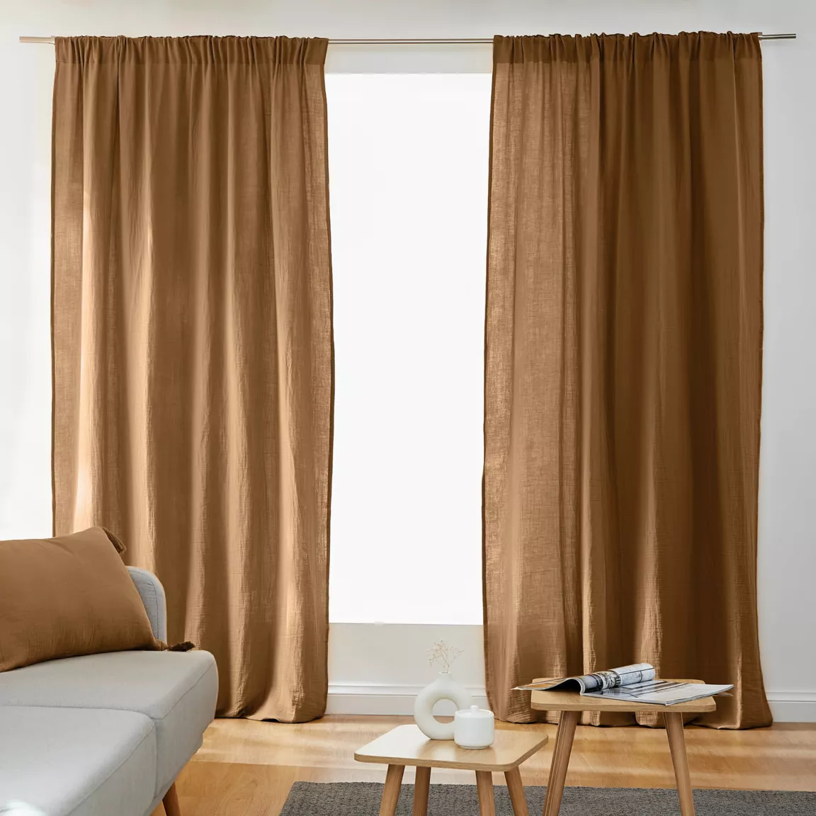 Rideau gaze de coton galon fronceur (180 x 240 cm) Gaïa Camel