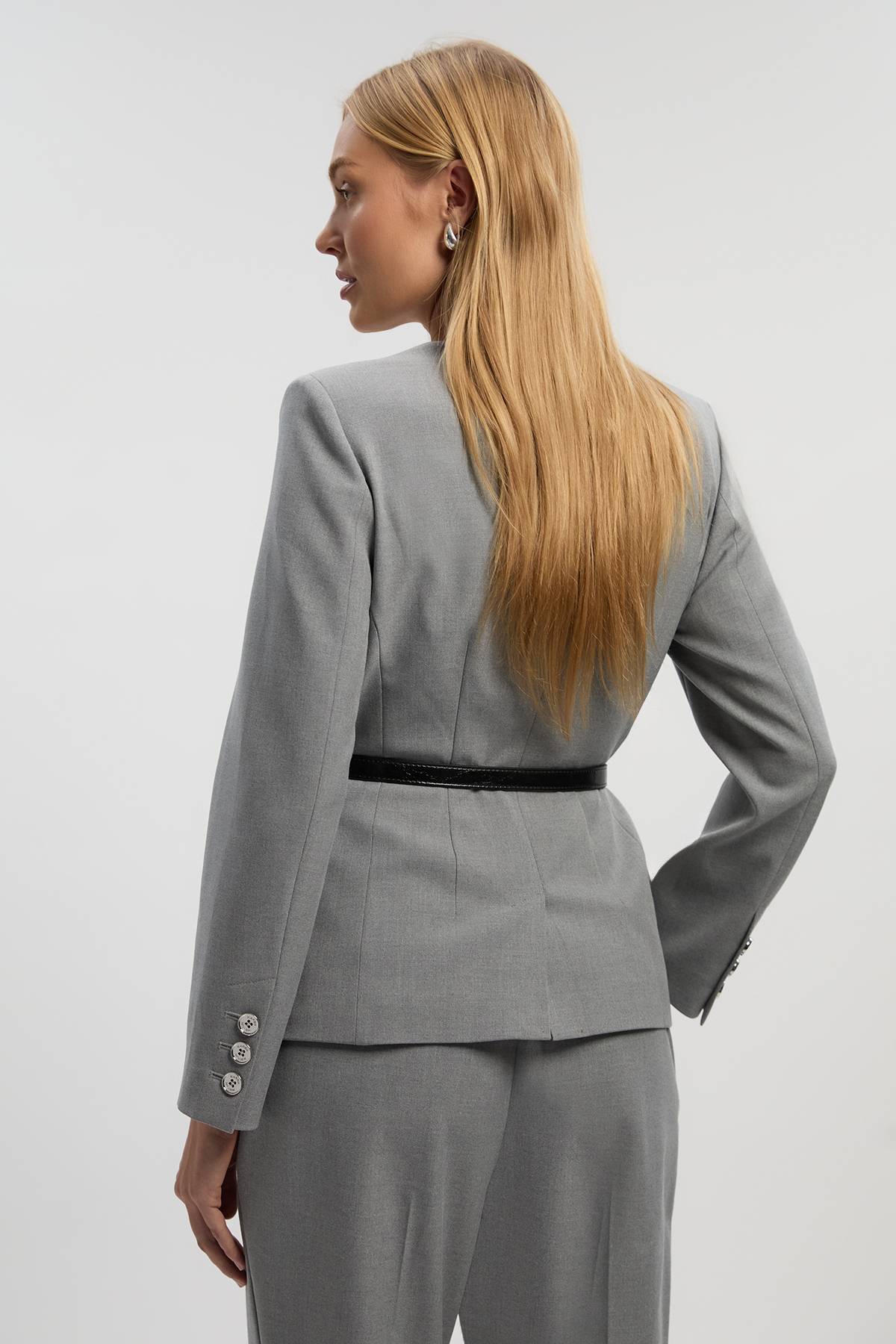 KarenMillen Blazer Ajusté Chiné à Col Carré avec Ceinture
