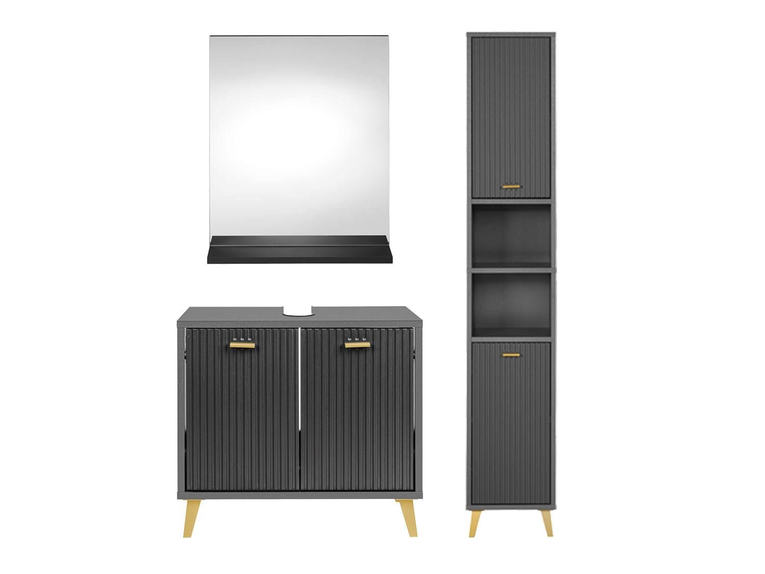 Badmöbel-Set Wellenoptik 3-teilig - Hochschrank, Glas, Badmöbel-Sets