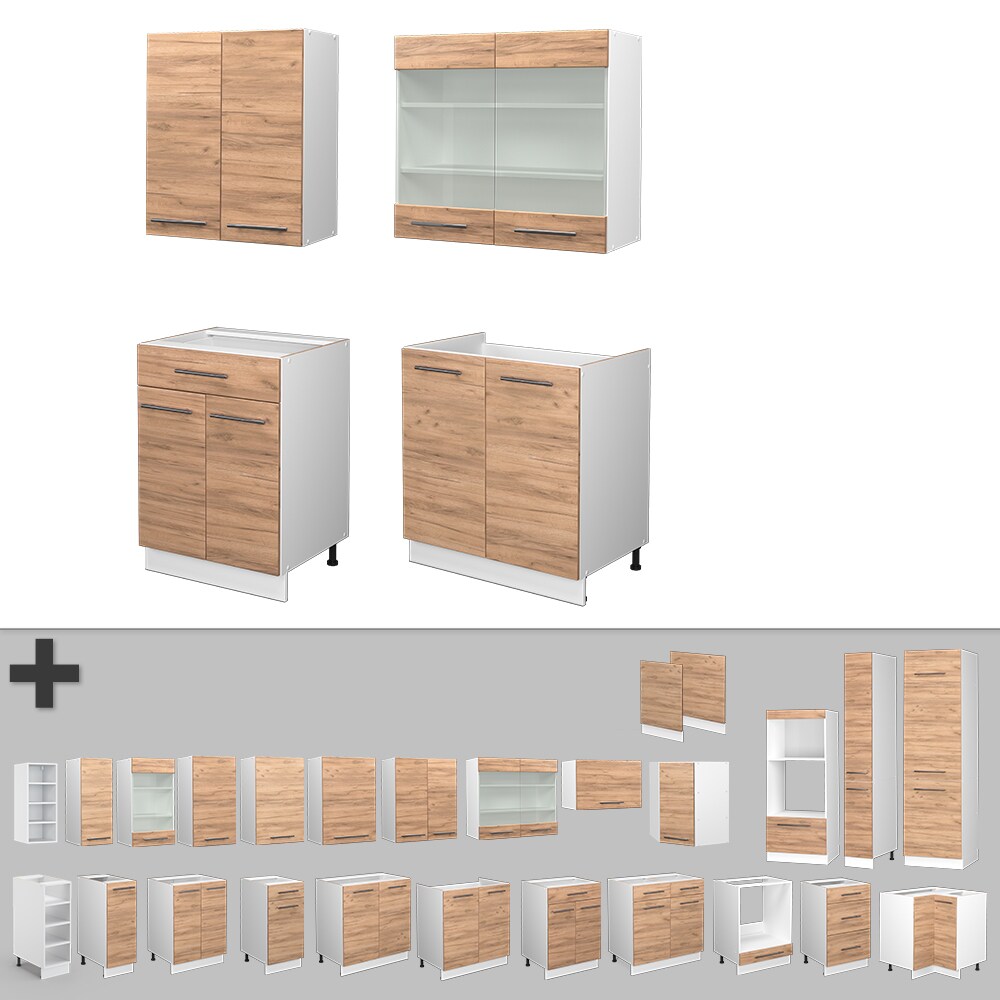 Vicco Küchenzeile Küchenblock Einbauküche Fame-Line Single Weiß Eiche 140 cm modern Küchen Schränke Spülenunterschrank Schubunterschrank Hängeschrank Hängeglasschrank