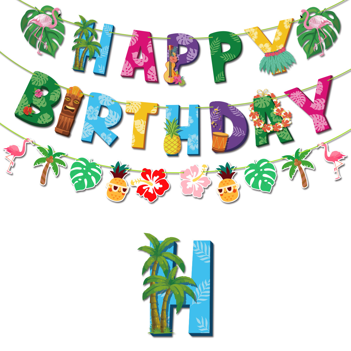 (42-tlg. Set) Sommer Geburtstags Party Deko Latex Ballons / Happy Birthday Girlanden / Kuchenstecker - Tropical Hawaii