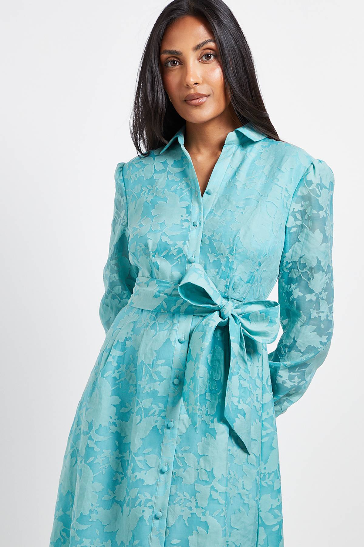 Wallis Robe Midi Ceinturée en Organza Fleuri Petite Taille