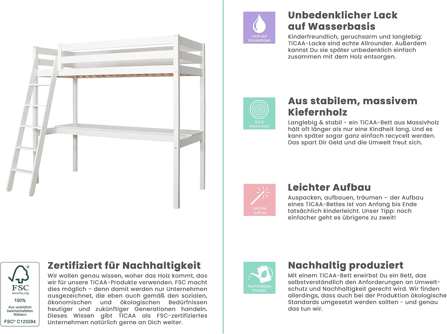 TiCAA Hochbett „Felix“ mit Schreibtisch Kiefer massiv Weiß