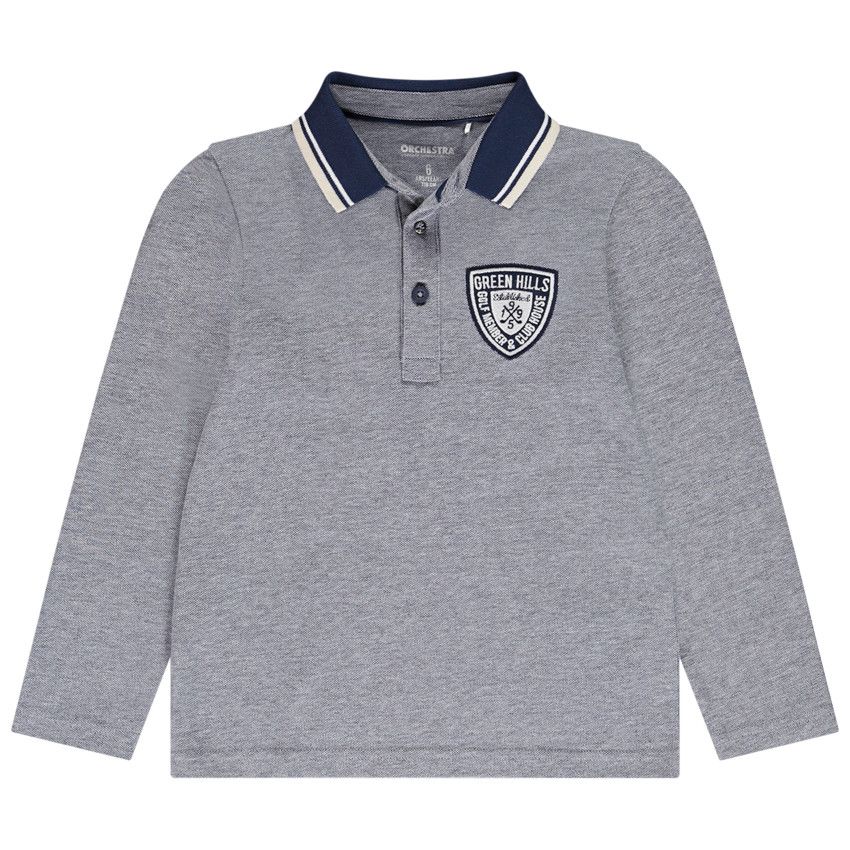 Polo manches longues patch blason pour garçon - Bleu marine