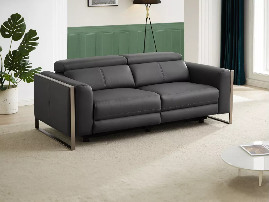 Canapé 3 places relax électrique en cuir gris anthracite DAVOLI