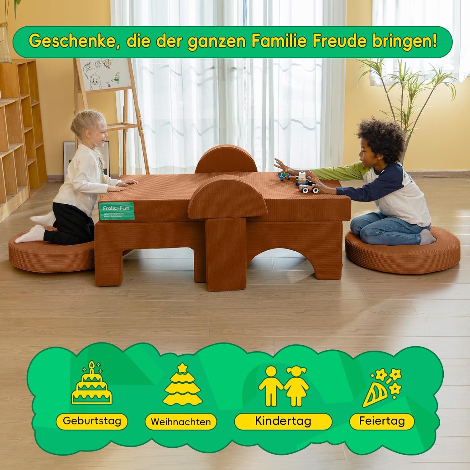 Frolic & Fun 16-Teiliges Modulares Kindersofa – Weiches Spielsofa aus Schaumstoff, Vielseitige Kindercouch mit Schlaffunktion, Kuschelecke zum Spielen, Entspannen und Schlafen im Kinderzimmer