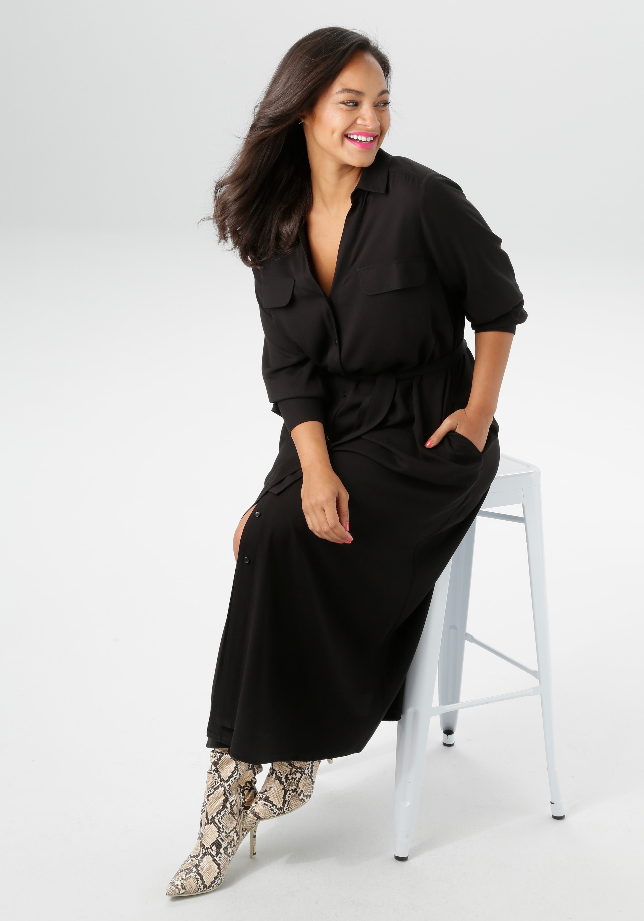 Aniston PLUS Blusenkleid Pattentaschen durchgeknöpftes Kleid aus weich fallender Viskose - NEUE KOLLEKTION