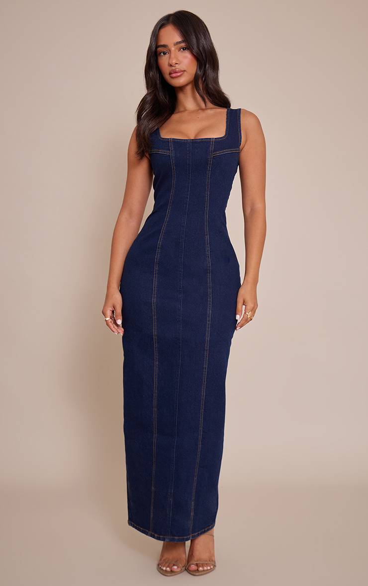 Bleu Indigo Robe Maxi Moulante En Denim Avec Détails De Coutures Petite