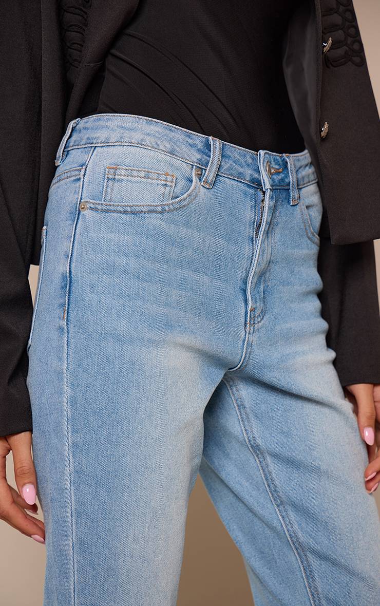 Mid Blue Wash Jean Droit Bleu Moyen Recadré À Ourlet Brut