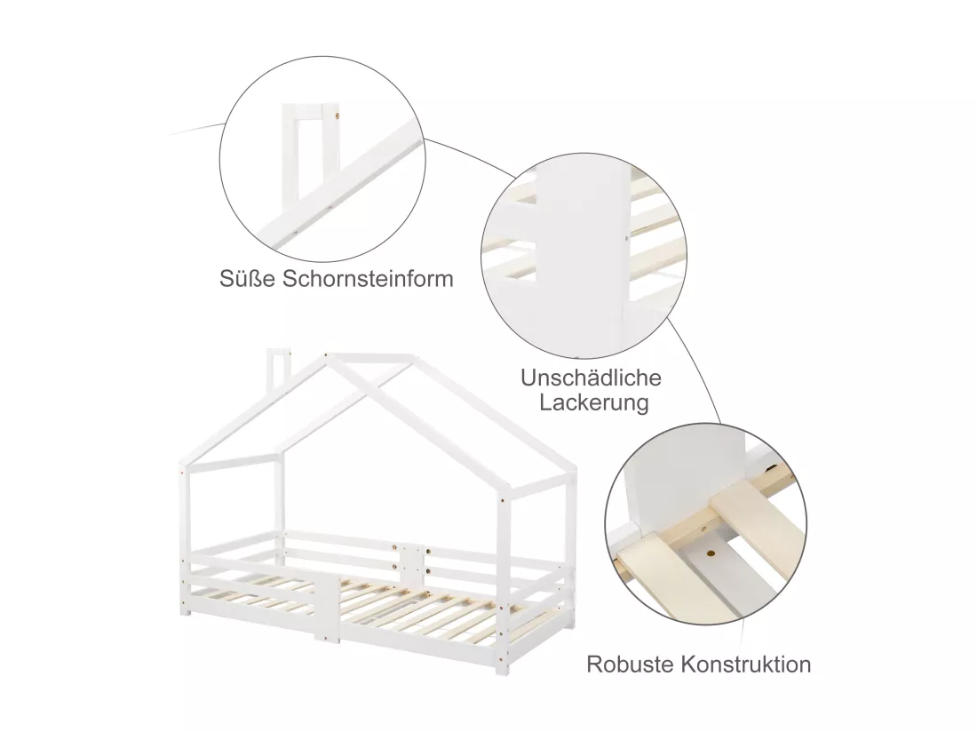 Lit cabane enfant - 90 x 200 cm - pin - barrière et sommier à lattes - blanc
