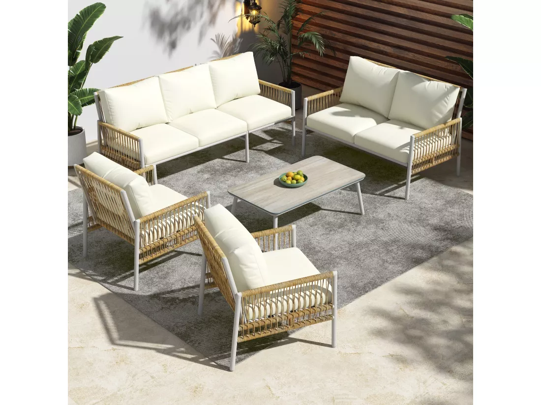 Salon de jardin 7 places, avec Matelas 8cm et oreiller, table basse avec verre durci grain de bois, Beige
