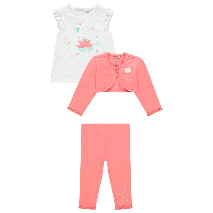 Ensemble avec tunique, boléro uni et legging imprimés fleurs - Corail