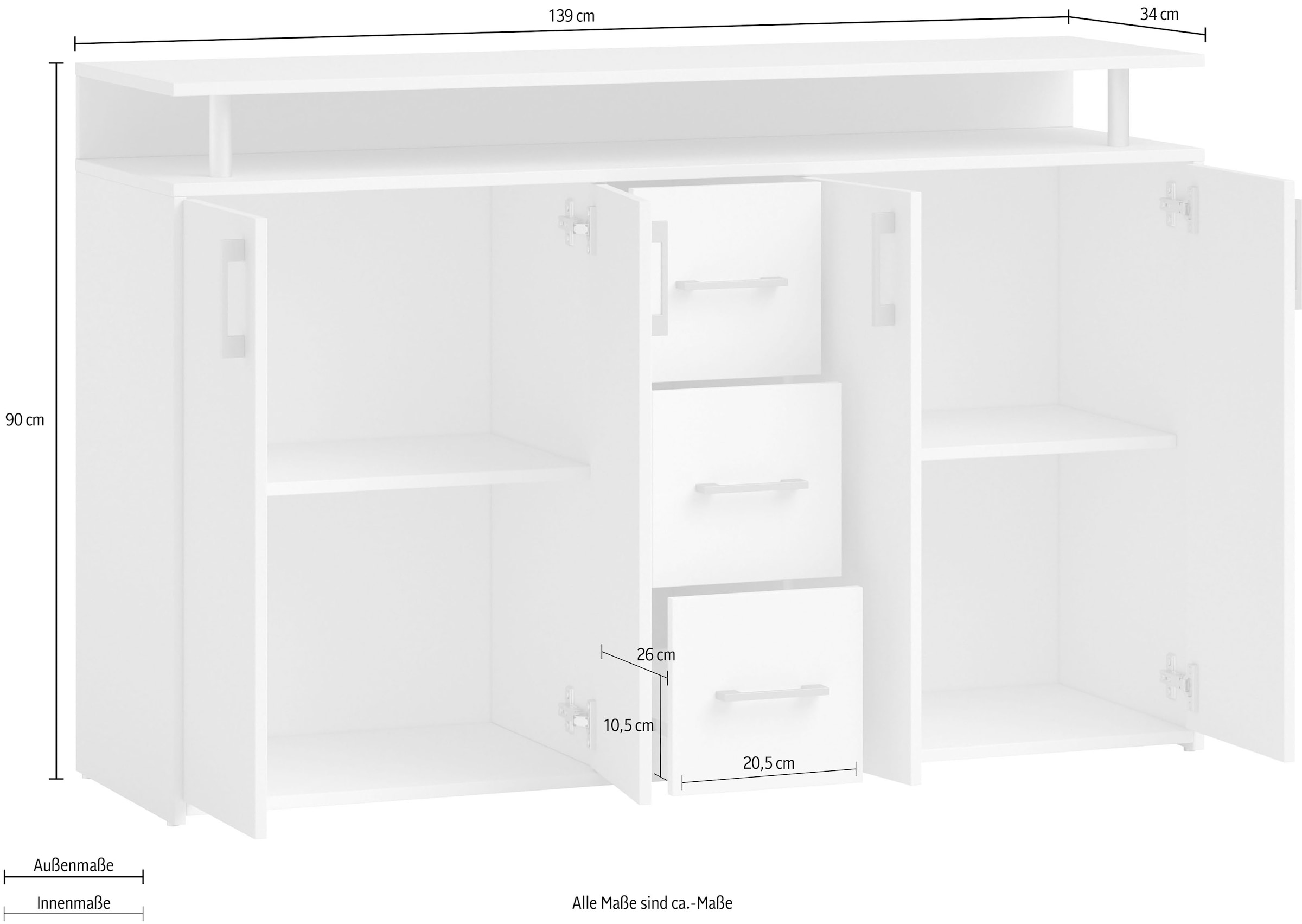 HBZ Sideboard »Drivno Sideboard, B/H/T 139x90x34 cm« 1 Stk. tlg. Breite 139cm, Kugelauszug, Einlegeböden verstellbar,  3 Schubkästen