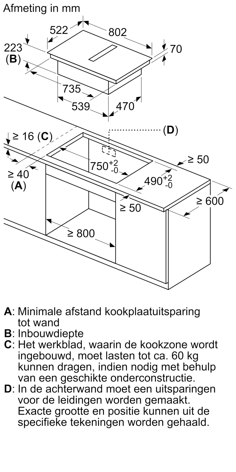 Serie 4 Inductiekookplaat met afzuiging 80 cm opbouwmontage zonder rand