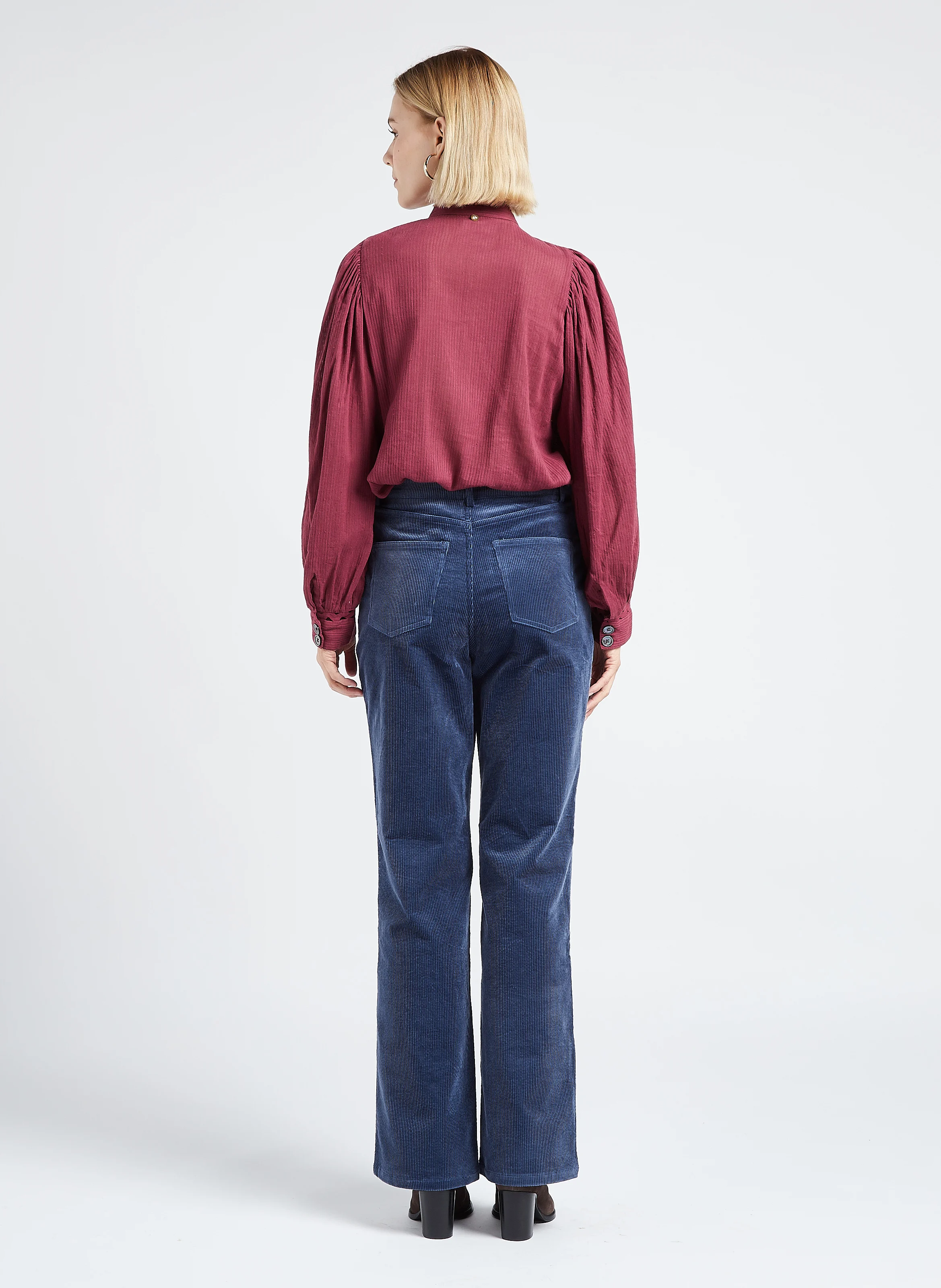 TILDA - Pantalon droit taille haute en coton mélangé | Bleu