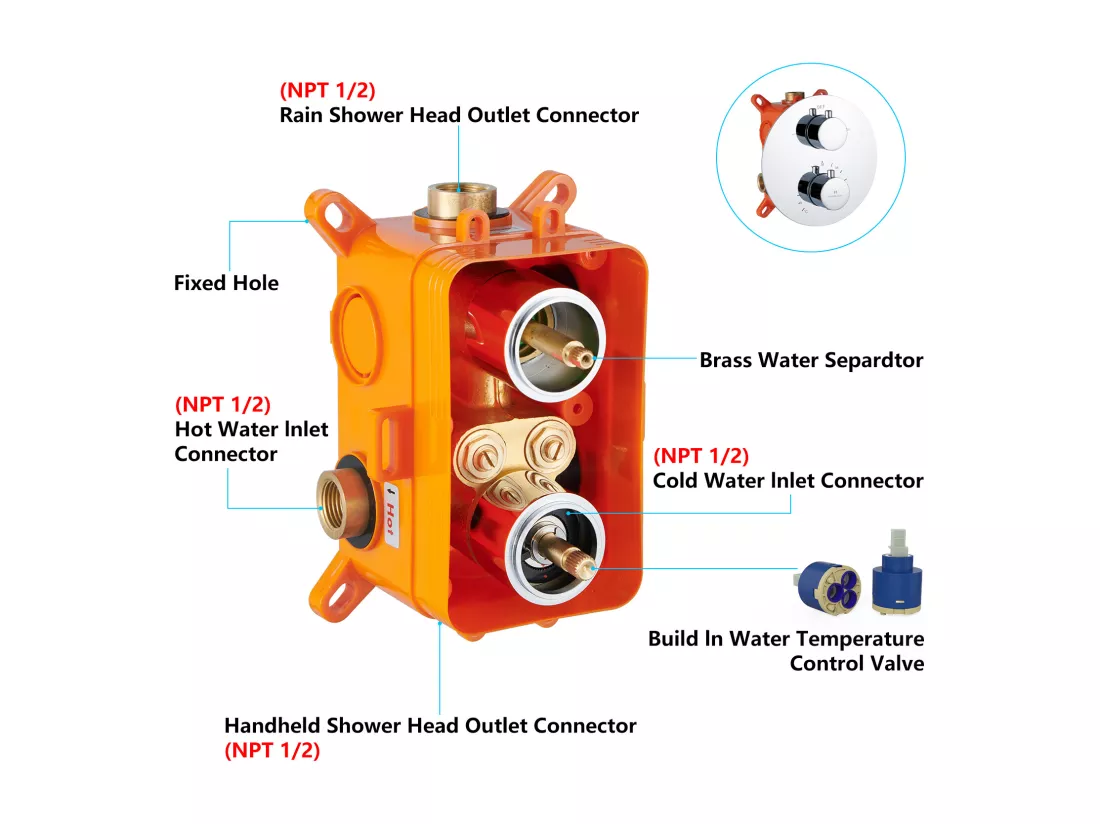 Encastré Colonne de Douche Thermostatique Système de Douche Rond Grande Douche de Tête Set de Douche Encastrée en Laiton Chromé Design Moderne