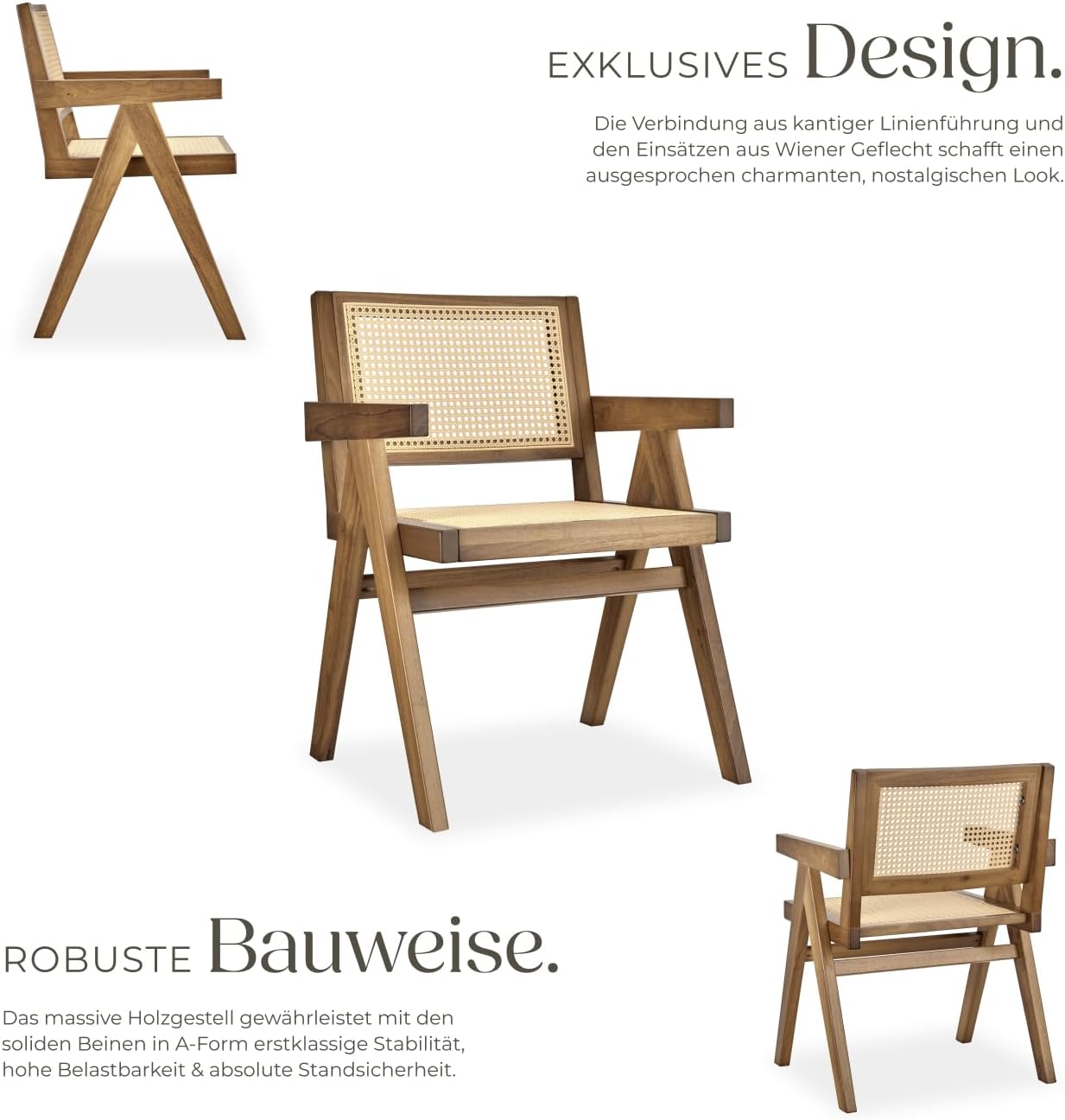 tectake® Stuhl mit Armlehne, Küchenstuhl, Armlehnstuhl, Boho Korbsessel Wiener Geflecht, Dining Chair, Stuhl Esszimmer, Sessel Wohnzimmer, Holzstuhl, Sitzecke Küche - Eiche hell mit Armlehne, 1 Stuhl