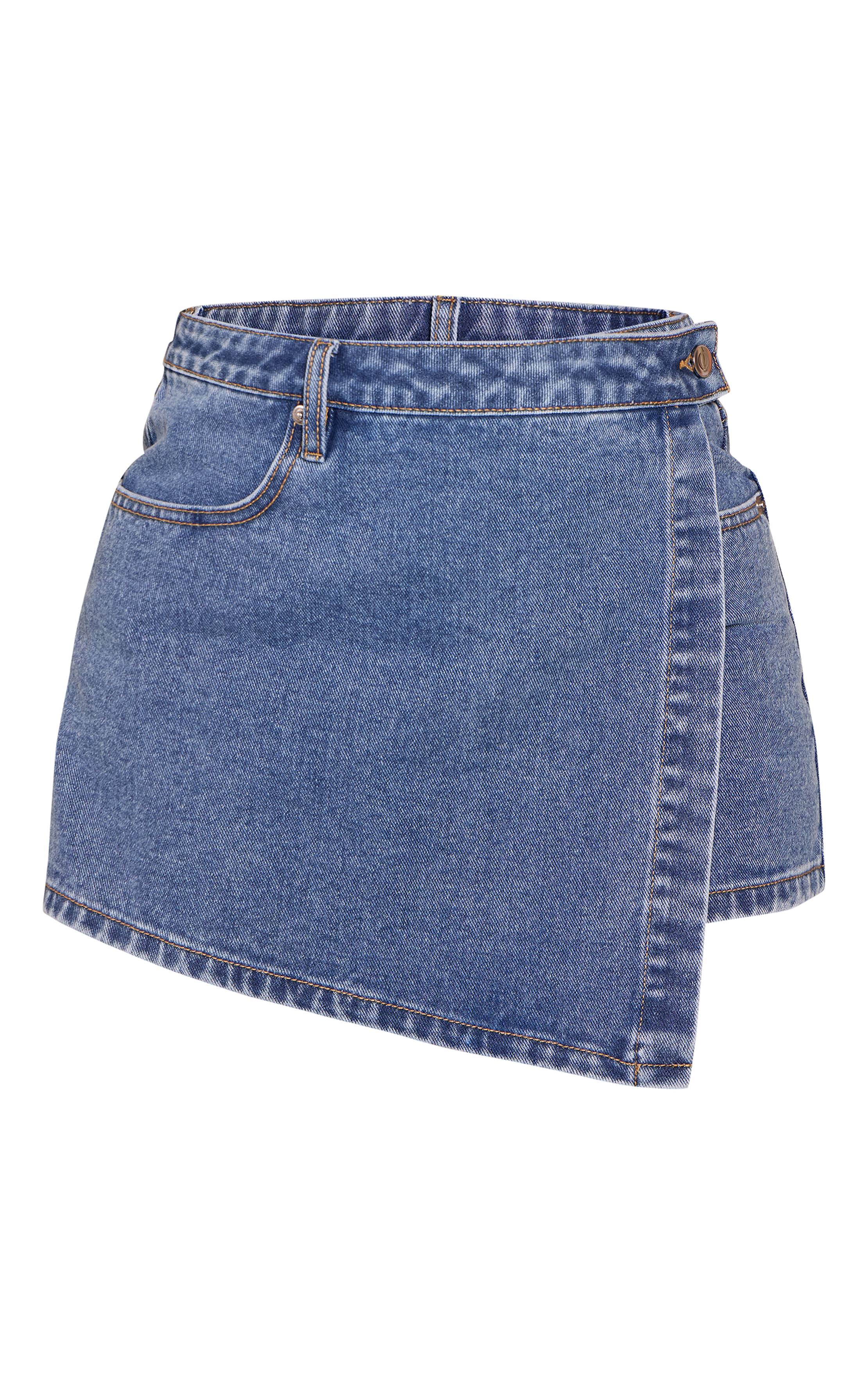 Mid Blue Wash Jupe-short En Jean Délavage Bleu Moyen Avec Devant Cache-cœur Petite