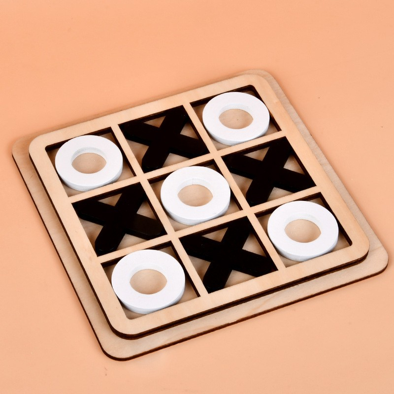 (14x14cm) Holz Mini Tic Tac Toe Brett Spiel Kinder Spielzeug Drei Gewinnt Reise Lernspiel - Schwarz / Weiss