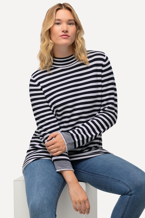 Pullover, Ringel, Rollkanten, Stehkragen, Langarm