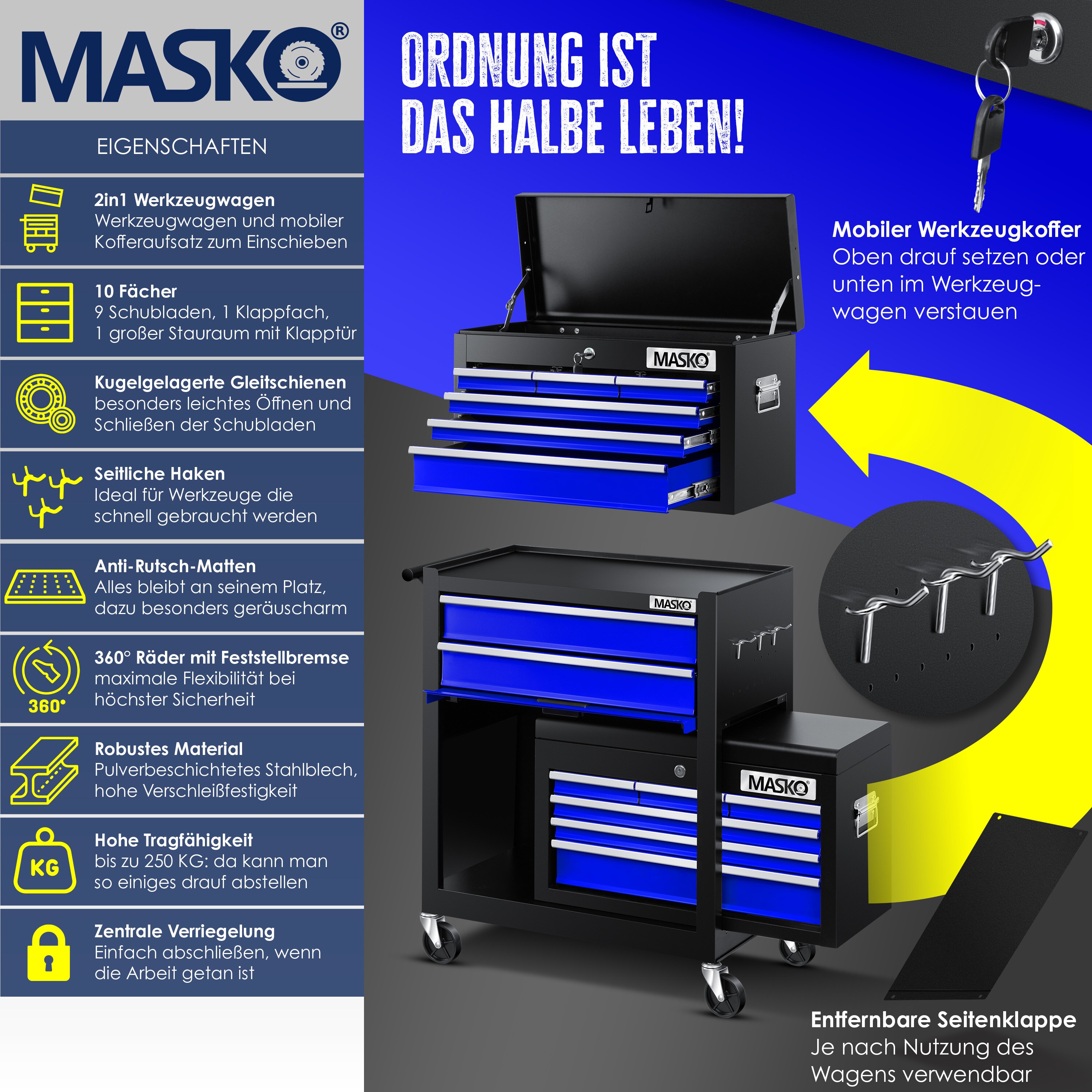 MASKO® Werkstattwagen inkl. Koffer - 9 Fächer Abschließbar Massives Metall, Werkzeug-Wagen ohne Werkzeug, Rollwagen zur Werkzeugaufbewahrung mit Schloss