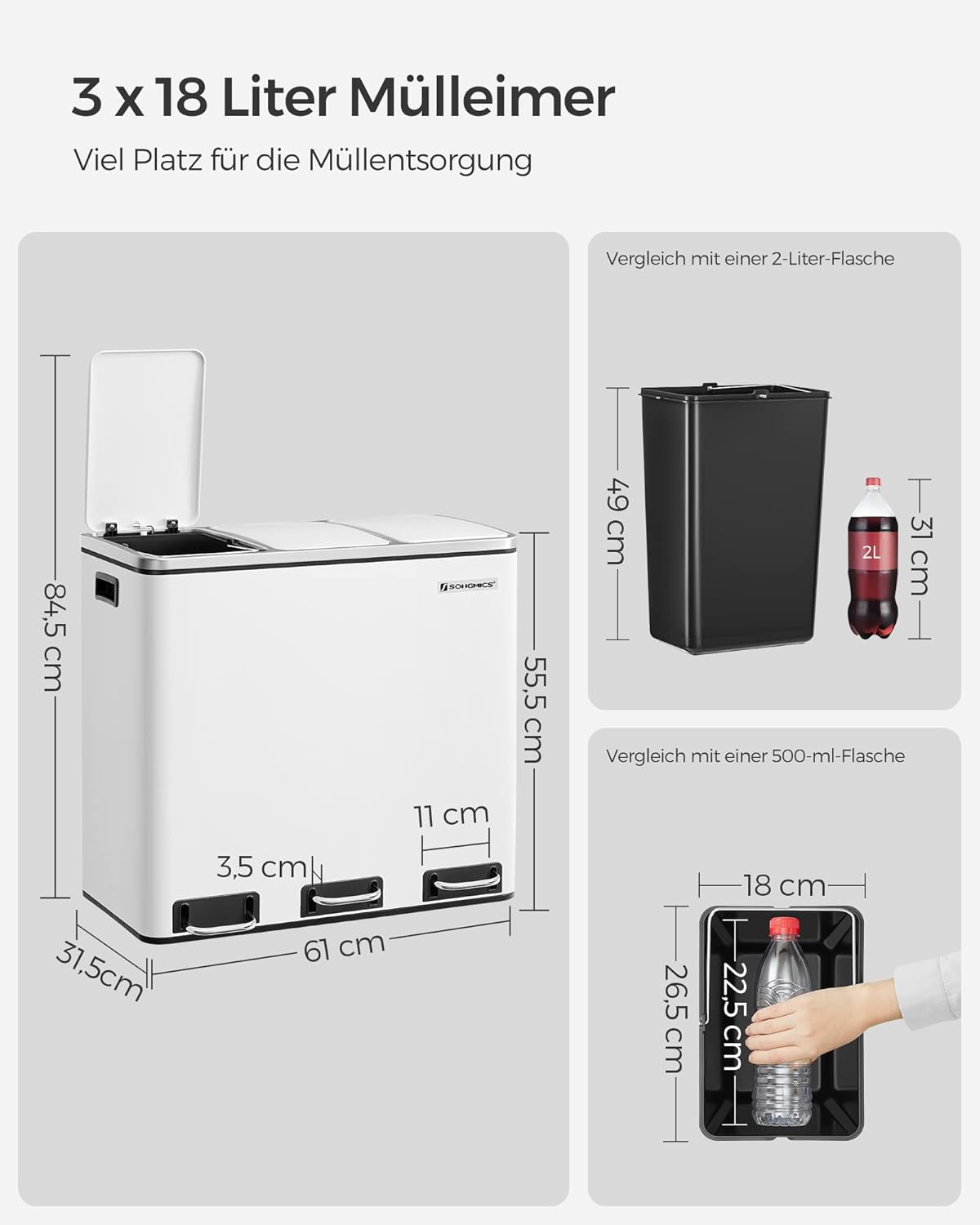 SONGMICS Mülleimer Küche, 3 x 18 L, Mülltrennsystem 3 Fächer, inklusive 15 Müllbeutel, Abfalleimer, Treteimer, für recycelbare Abfälle, Biomüll, mit Deckel, wolkenweiß LTB54WT