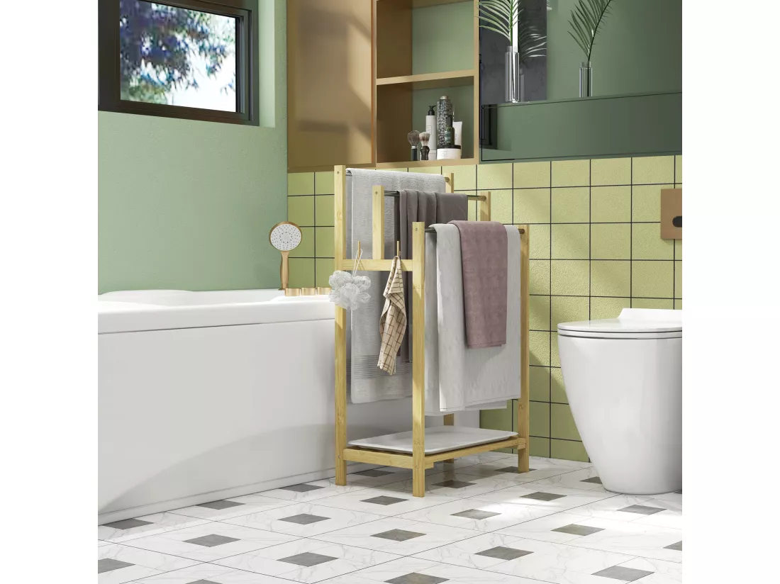 Porte-serviettes style cosy naturel - 3 barres, étagère, plateau, 4 crochets acier inox. bambou verni