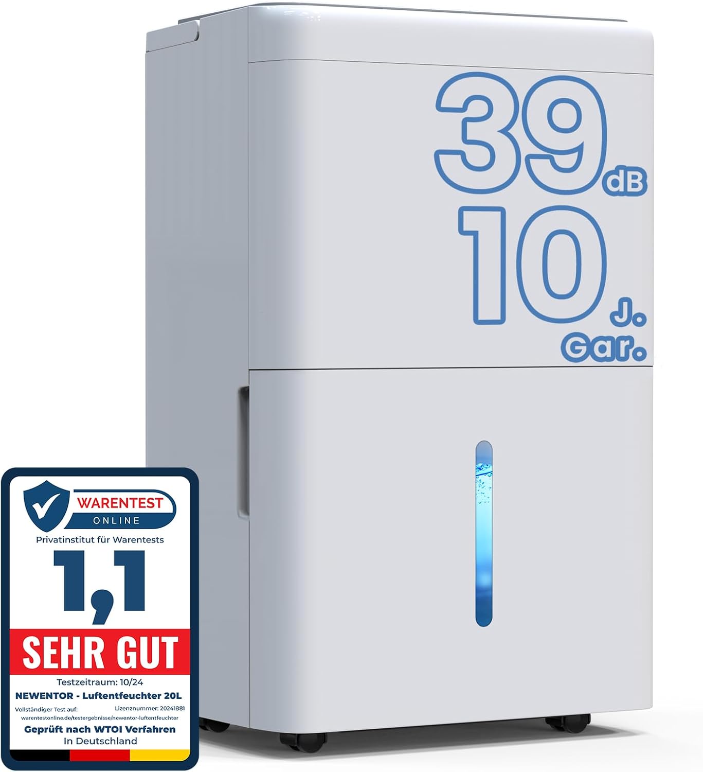 Newentor Bdpt. Luftentfeuchter Elektrisch 20L, Raumentfeuchter Elektrisch Leise 39dB, Entfeuchter Elektrisch Keller bis zu 150m³/50m², Mit 10 J. Gar., Ablaufschlauch, Abnehmbarem Filter, Timer