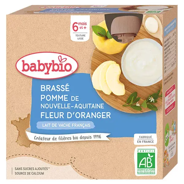 Sobremesas lácteas orgânicas Babybio em sachê, leite de vaca mexido com flor de laranjeira, +6 meses, 4 x 85g