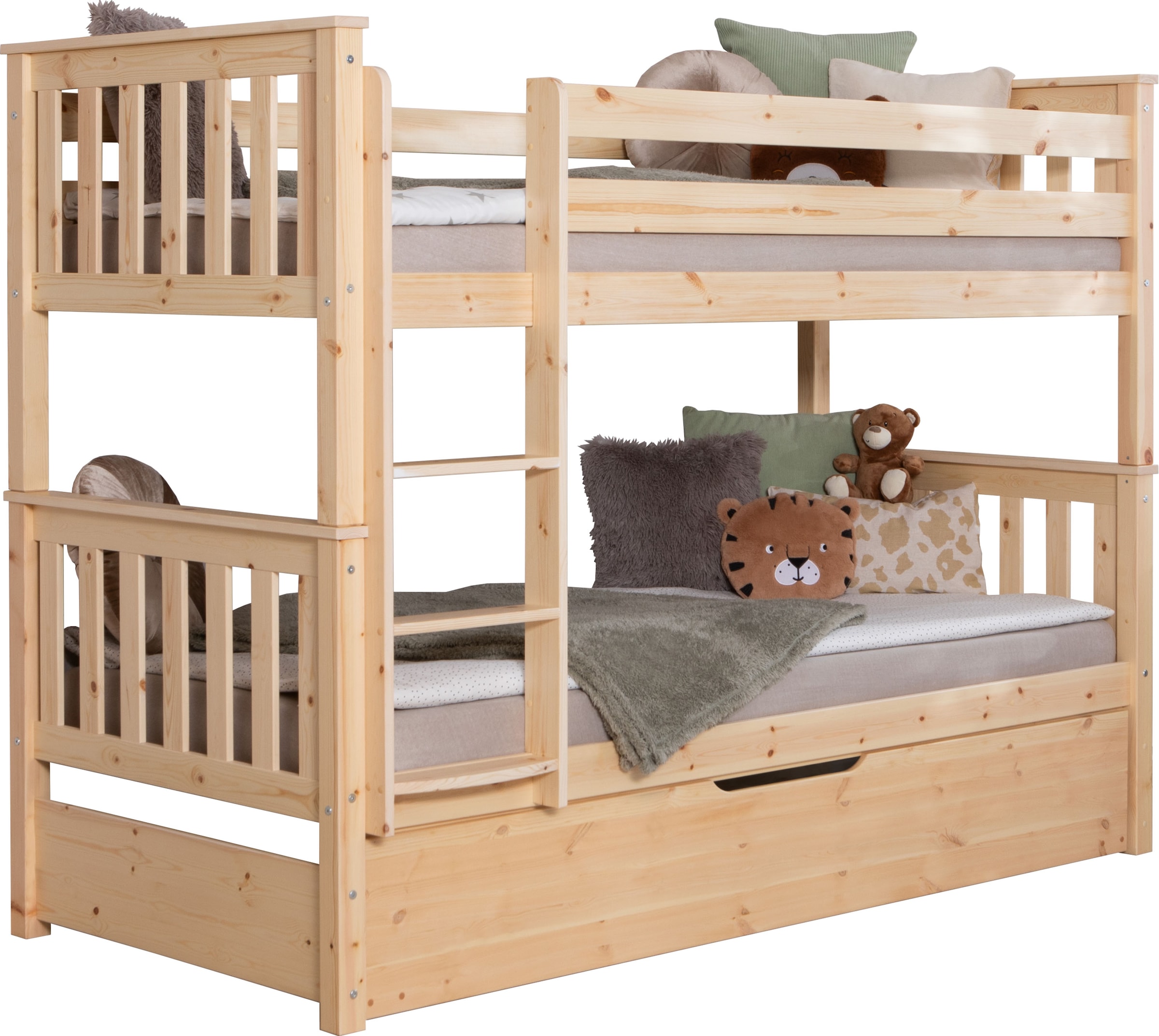 Ticaa Etagenbett »Sammy, umbaubar zu 2 Einzelbetten, edles Design im Landhausstil« 90x200cm,  inklusive Schubkasten, 2x Rollrost, zertifiziertes Massivholz Kiefer