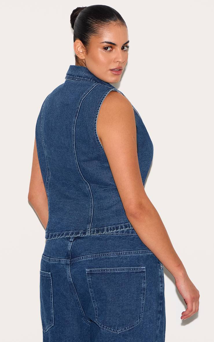 Bleu Foncé Gilet Col En Denim Grande Taille