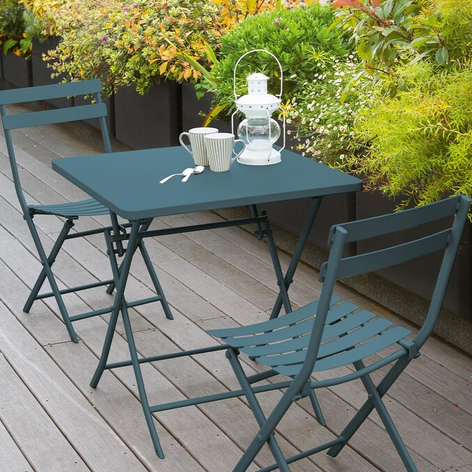 Ensemble table de jardin pliante carrée + 2 chaises GREENSBORO Bleu canard