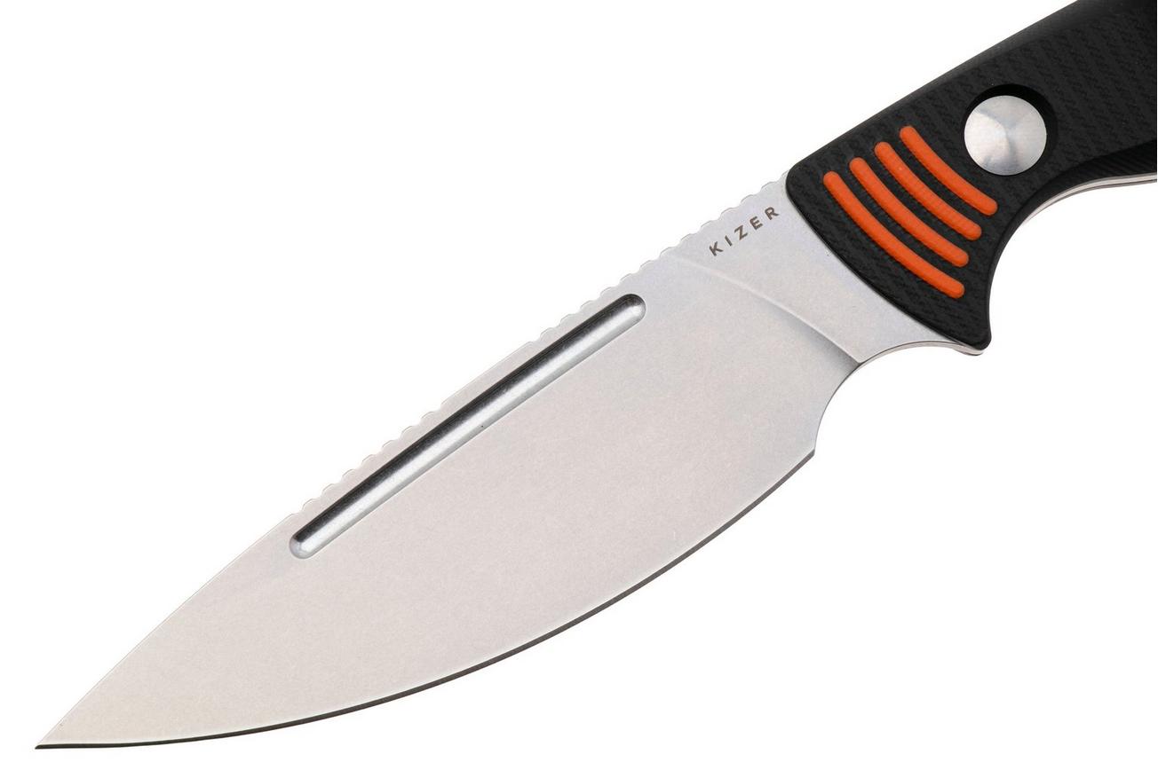 Kizer Vanguard Evenki 3, 1099A1 Stonewashed AEB-L, Black G10, vaststaand mes, Azo design