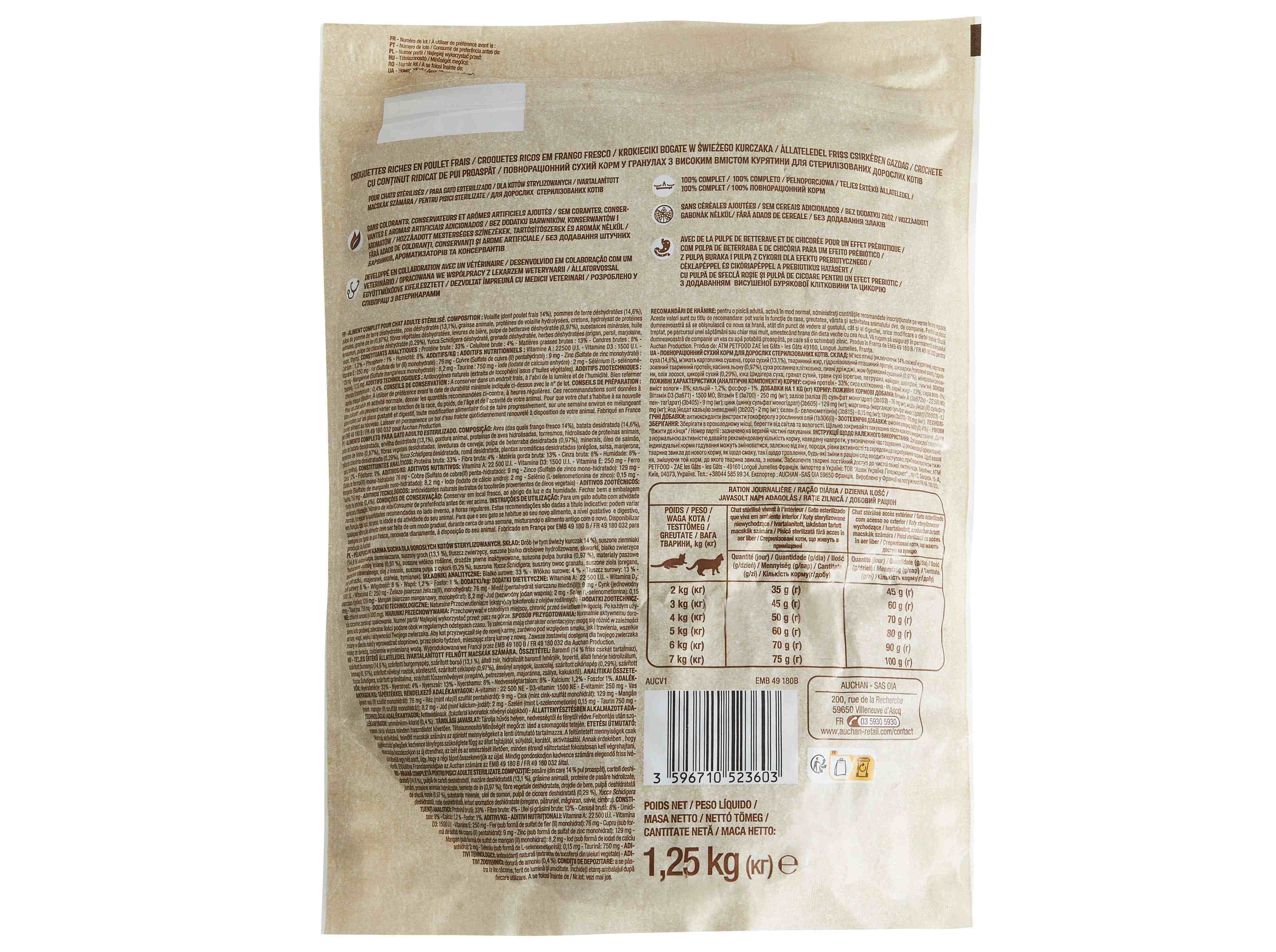 RAÇÃO PARA GATO AUCHAN NATURAL RICO EM FRANGO FRESCO SEM CEREAIS ADICIONADOS 1.25KG