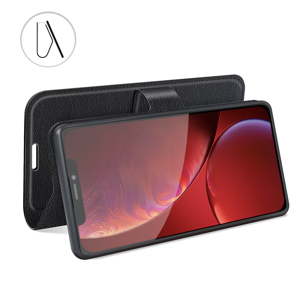 iPhone 13 Pro Leder Tasche Flip Cover Litchi Look - Schwarz