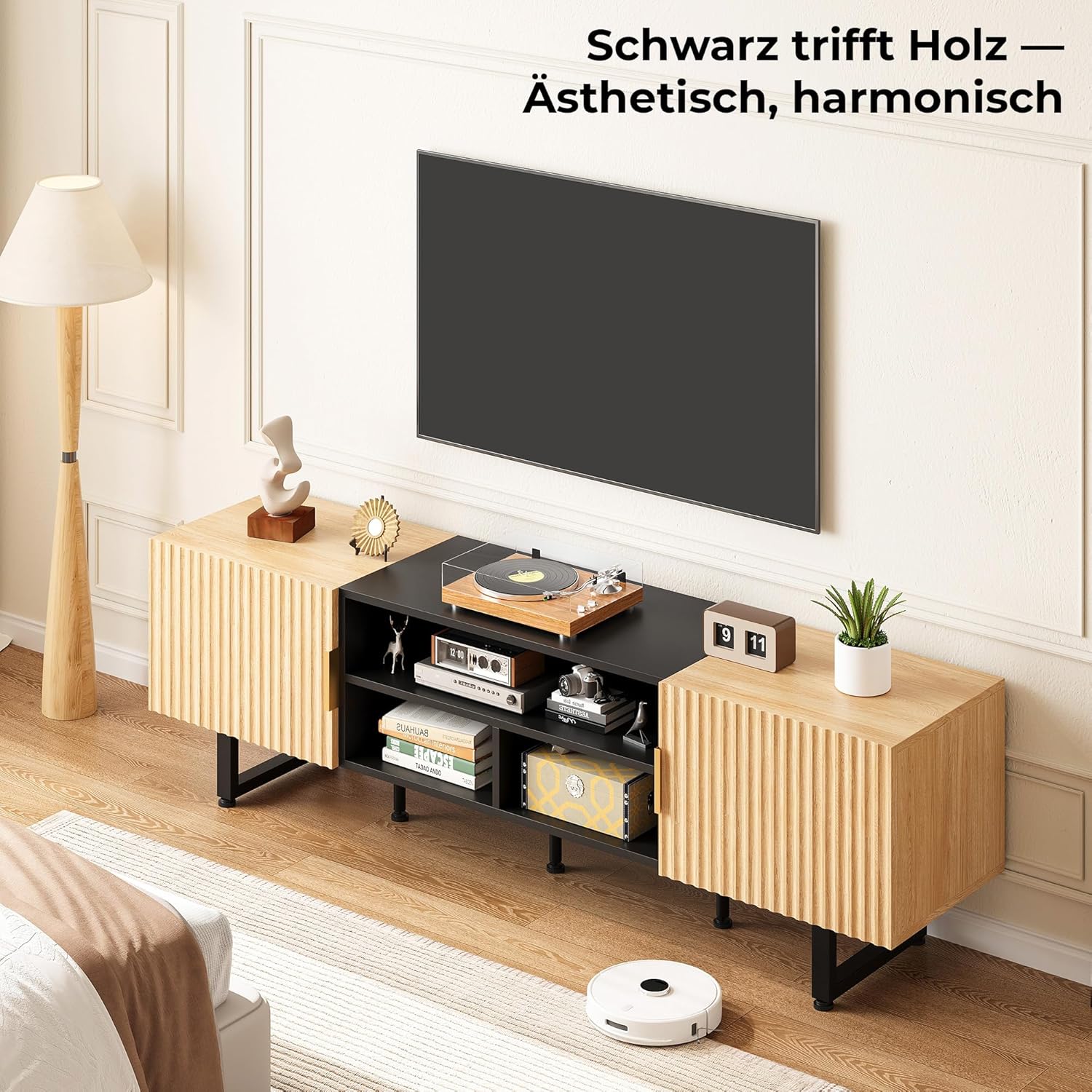 IRONCK TV Schrank 180cm Lowboard für Fernseher bis zu 65/75/80 Zoll, Fernsehtisch mit 2 Türen 3 offenen Fächern, Fernsehschrank Holz, Modern TV Board für Wohnzimmer, Schlafzimmer (Schwarz/Eiche)
