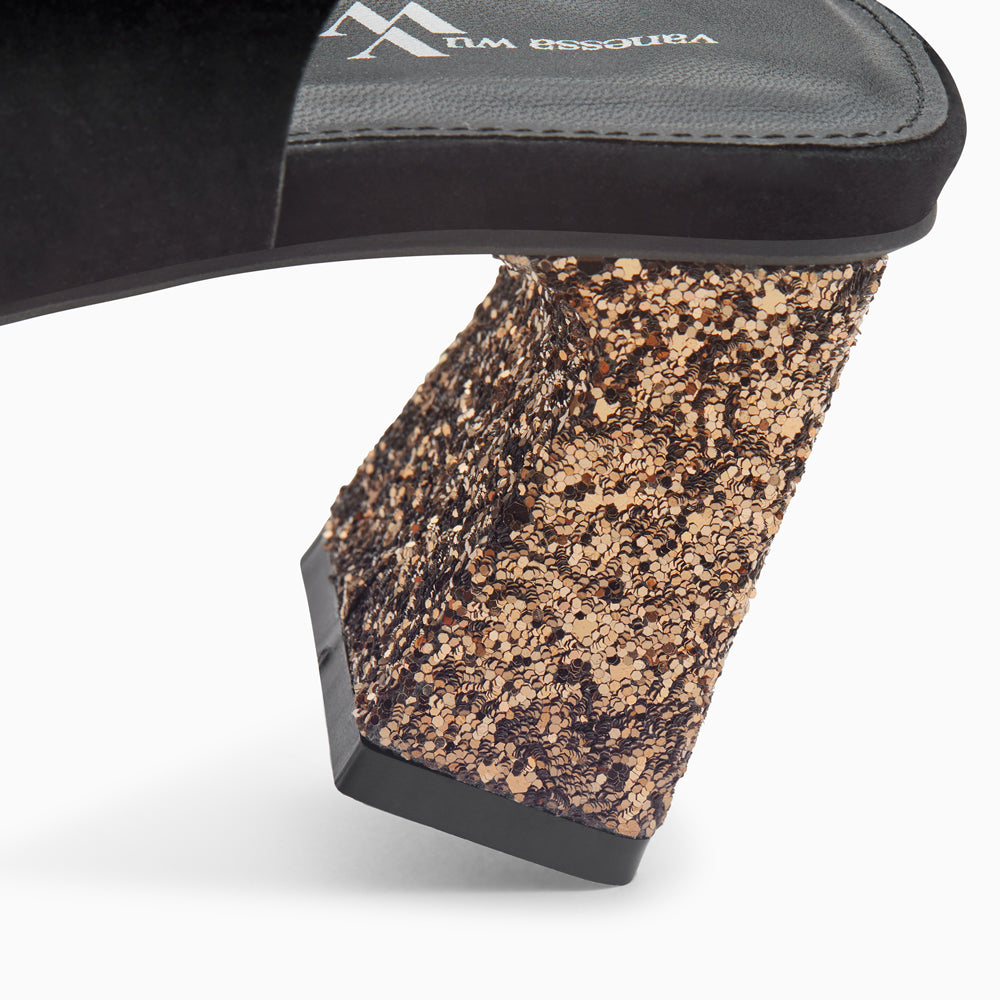 Sandales à talon, Compensées-Sandales Milan noires à brides croisées et talon bronze pailleté