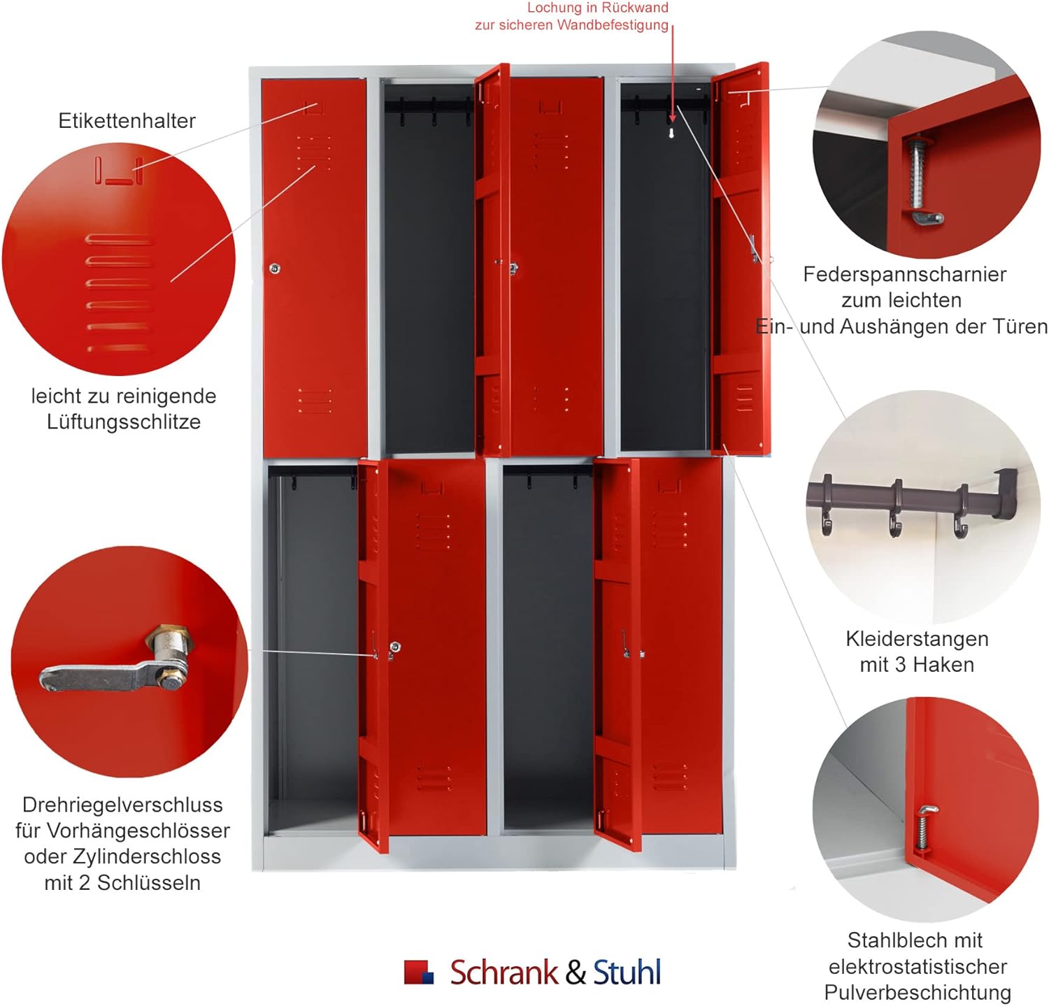 Schrank & Stuhl Spind – Metallspind mit 4 x 2 Abteilen in 195 x 117 x 50 cm, Schließfachschrank mit Zylinderschlössern, Lieferung komplett montiert, Grau/Rot