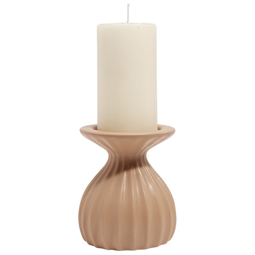 Bougeoir rond strie relief céramique marron - Ø12xH13cm