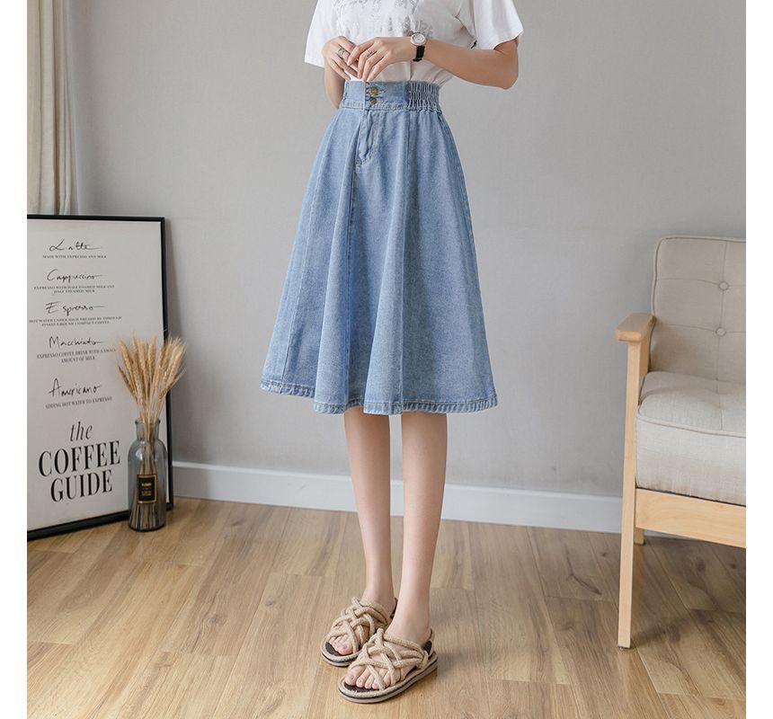 Yohana - Midi A-lijn denim rok met elastische taille en knoopsluiting