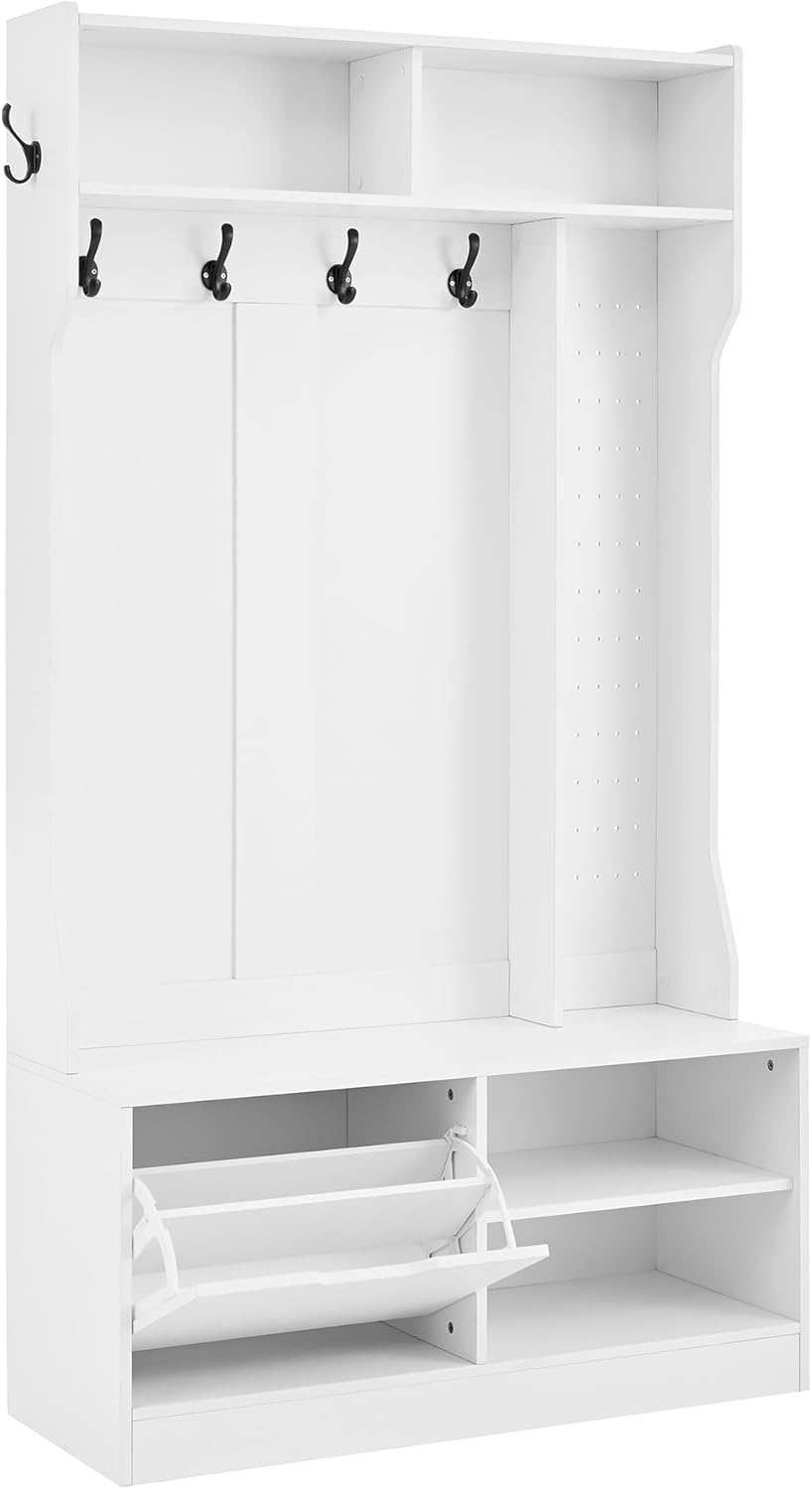 Merax Flurgarderobe Garderobenschrank Flur, Garderobe mit Sitzbank, 6 Haken, 1 Türen & 4 Offener Lagerraum, 100×185.5×40 cm, Weiß