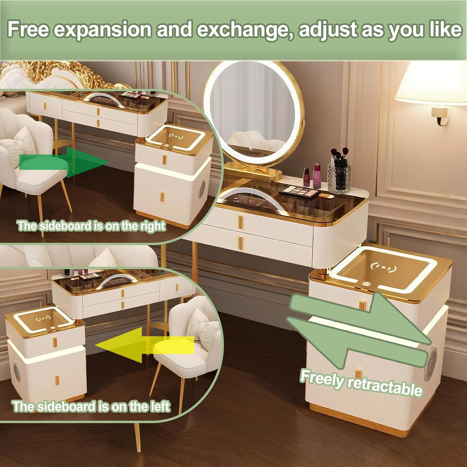 Generisch Große Schminktisch 100CM/80CM, Kosmetiktisch mit Spiegel 3 Einstellbare Helligkeiten, Frisiertisch mit Schubladen und Speichertischbeine Make up Tisch Set Schminktisch (Weiß + Gold, 100cm)