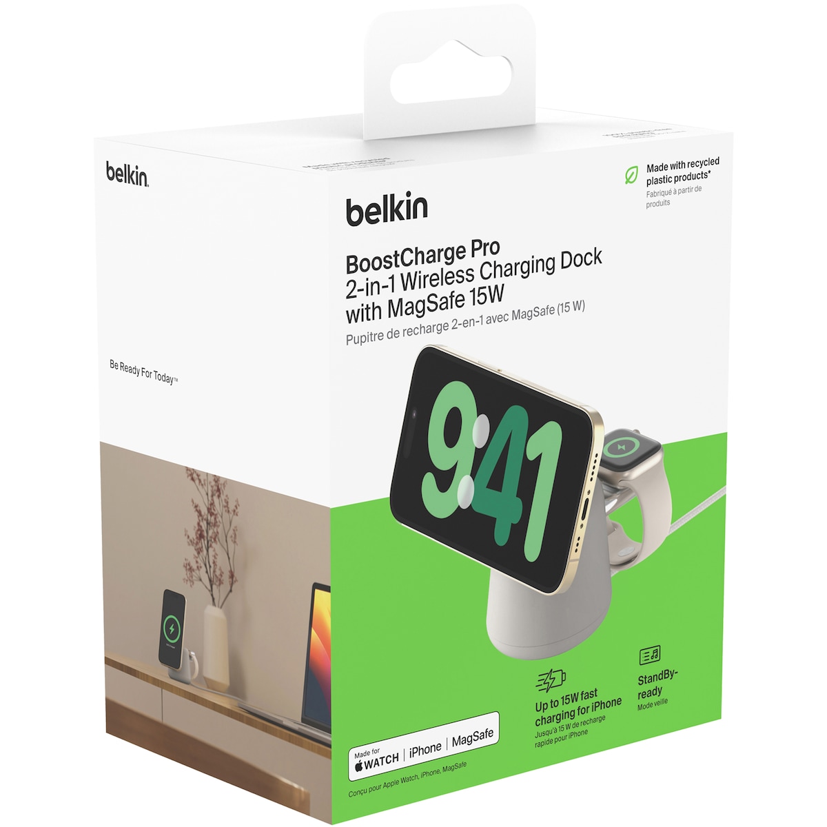 Belkin BoostCharge Pro 2-i-1 MagSafe 15W trådløs lader (sand)