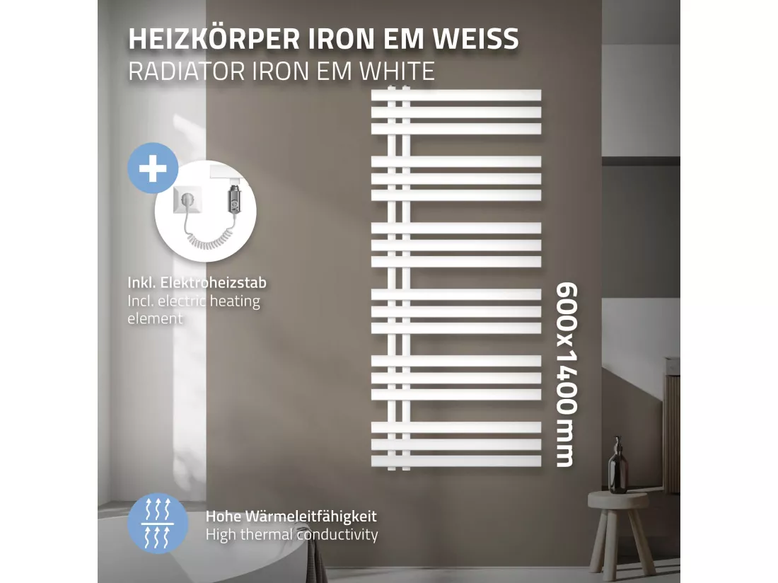 Iron EM Design Radiateur sèche-serviettes électrique 1200W, 600 x 1400 mm, blanc