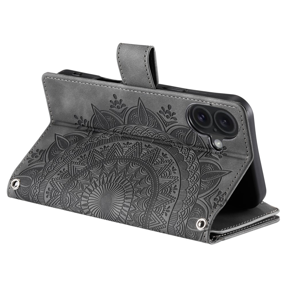 iPhone 16 Leder Tasche Flip Cover mit Reissverschluss - Mandala Flowers Imprint - Grau