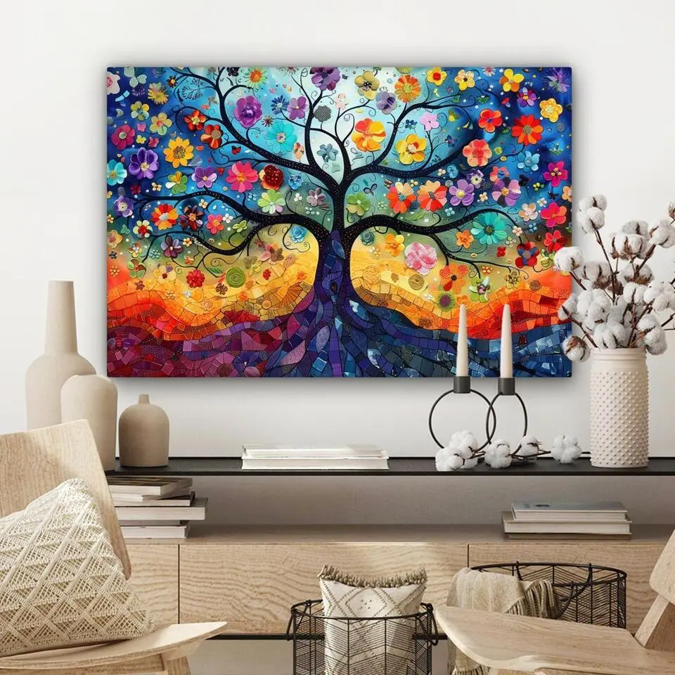 MuchoWow Canvas Schilderij 90x60cm Kunst Levensboom Bloemen