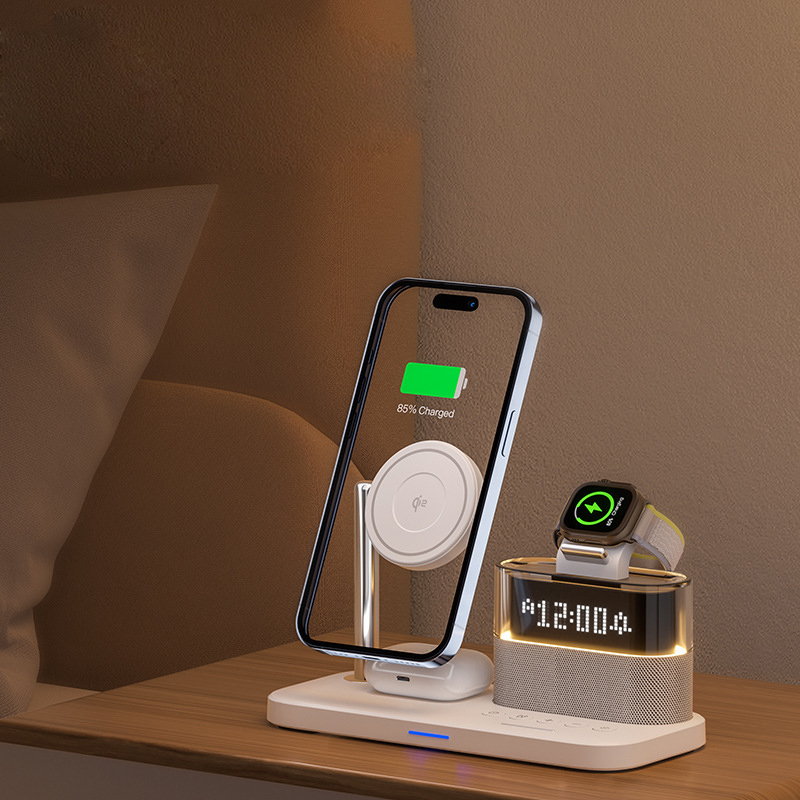 (15W) 3in1 Qi2 Wireless Charger Induktionsladegerät Ladestation mit LED Wecker - Schwarz