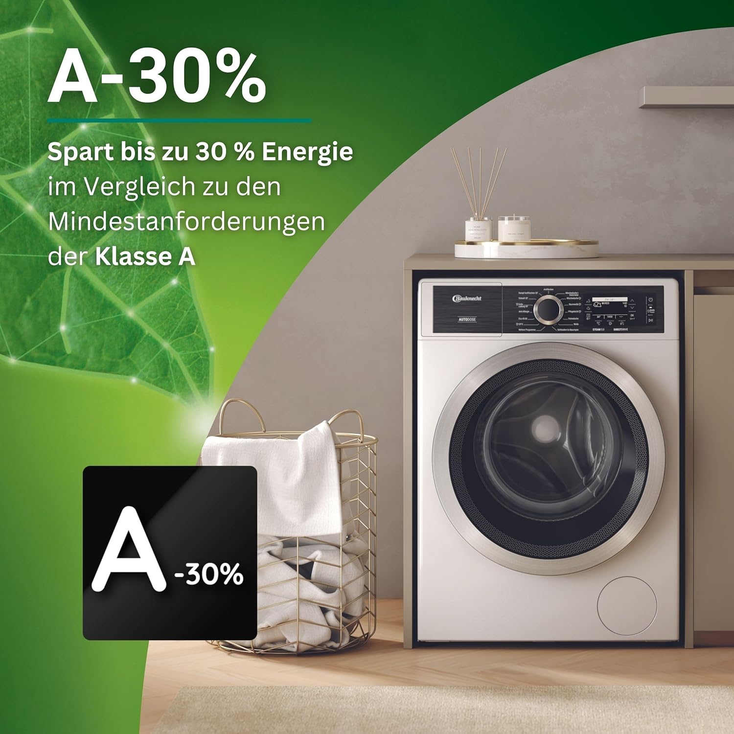 Bauknecht B8 09AD SILENCE DE Waschmaschine Frontlader/Gentle-Power/Energieeffizienklasse A-30 Prozent/Besonders leise Waschmaschine/AutoDose/Steam-Hygiene, Refresh,-Finish/Volle Ladung 45 Min.