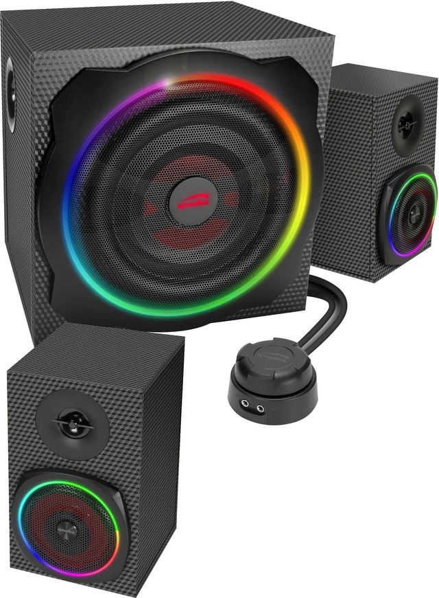 Speedlink 2.1 Soundsystem »GRAVITY CARBON RGB Subwoofer System aus Holz mit Bluetooth« 2.1 (Bluetooth Lautstärkeregelung 120 W) 60 W RMS, 120 W Spitzenleistung, 3,5mm Klinke, AUX, Tischfernbedienung