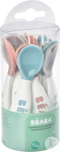 Béaba Set Premiers Couverts Ergonomiques 6 Cuillères + 4 Fourchettes +8 Mois Gris/Bleu/Rose